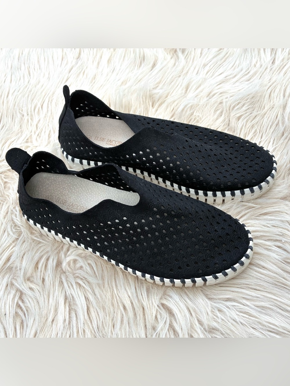 Ilse Jacobsen Black Perforated Tulip Slip Ons Sz 36, 6 US